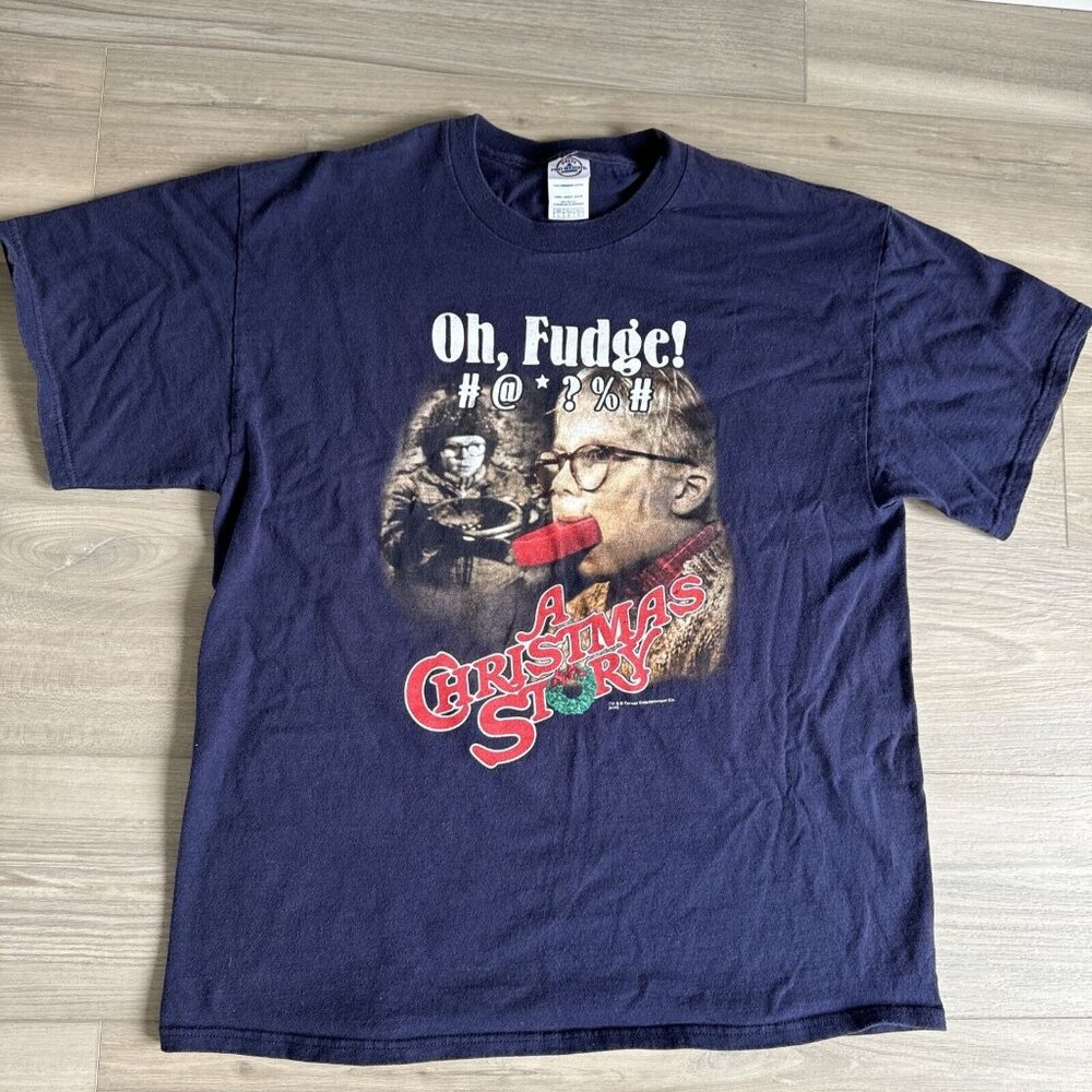 Vintage Y2K A Christmas Story Oh Fudge Navy Blue T-Shirt Size Mens Large
